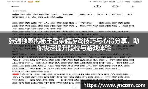 张强独家揭秘王者荣耀游戏技巧与心得分享，助你快速提升段位与游戏体验